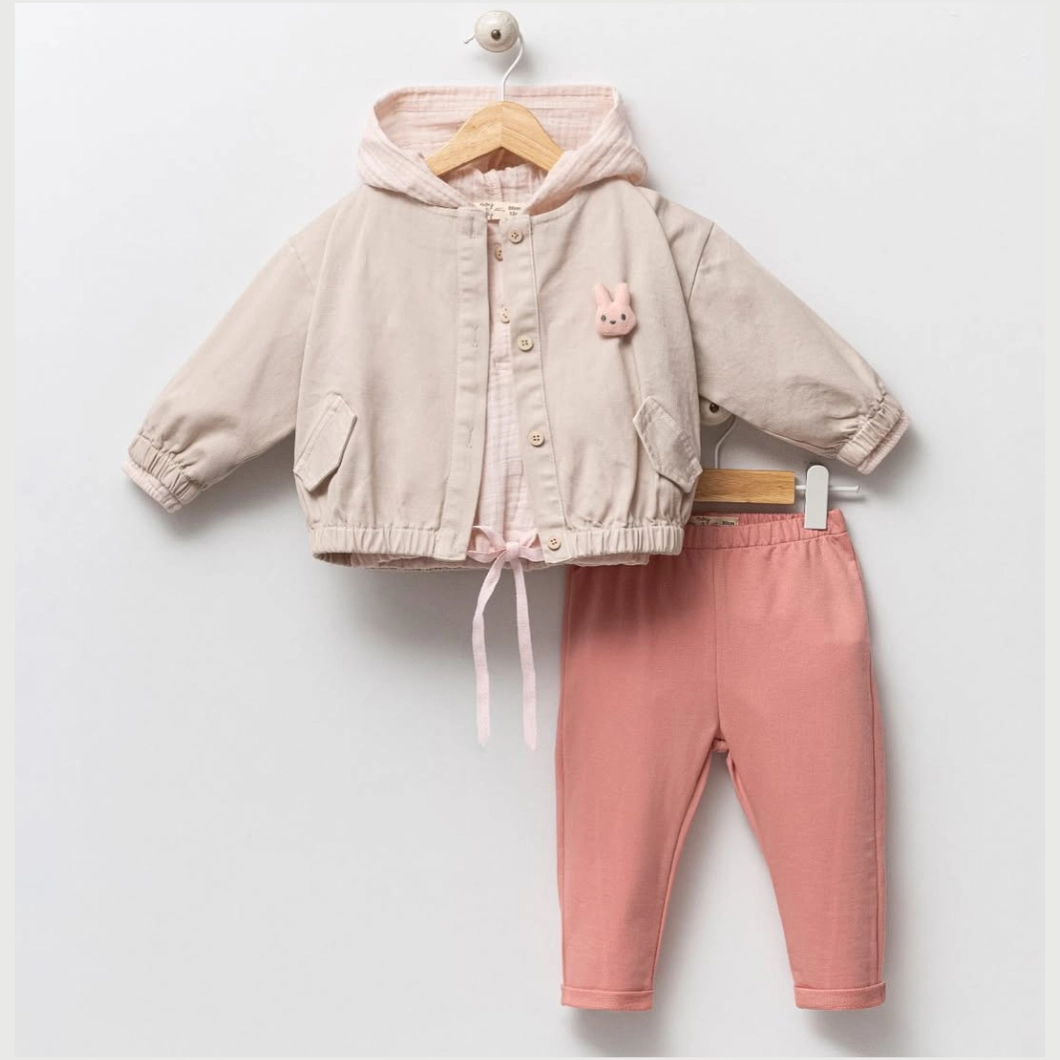 FETIȚE - Set Casual 3 Piese Fetițe - Juliana, Geacă Bej, Cămașă Muselină Roz, Pantaloni Comozi