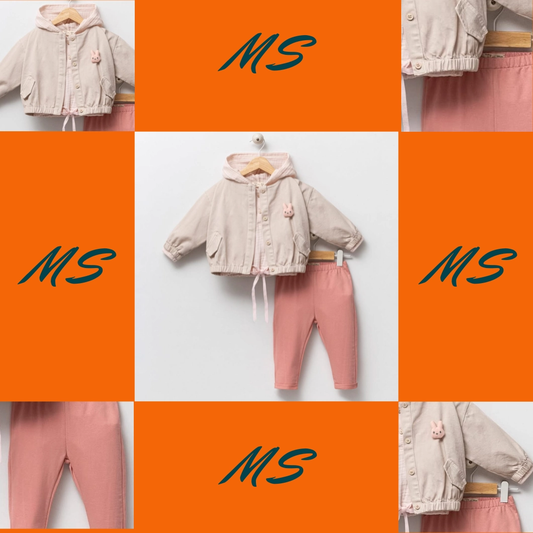 Set Casual 3 Piese Fetițe - Juliana, Geacă Bej, Cămașă Muselină Roz, Pantaloni Comozi [5]