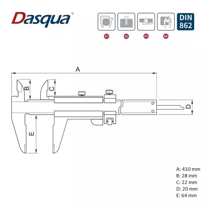 Subler mecanic profesional Dasqua cu falci incrucisate 0 - 280mm x 64mm x 0.05mm citire si reglaj finx 0.05mm citire si reglaj fin [5]