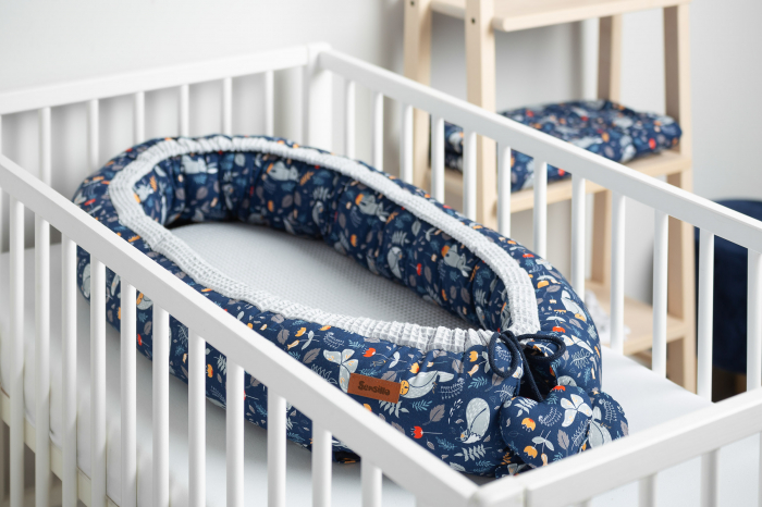 Baby nest din 100% bumbac waffle, albastru/gri [5]