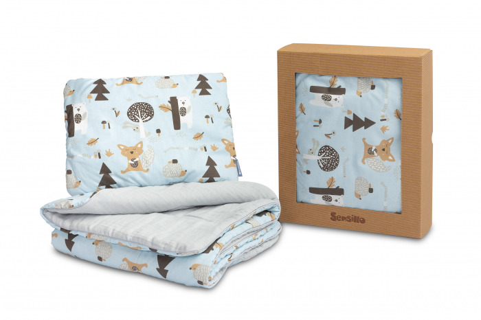 Set paturica + perna, muselina & bumbac (bleu cu animale) [1]