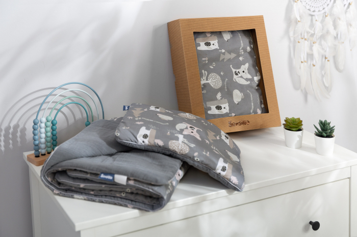 Set paturica + perna, muselina & bumbac (gri cu animale) [2]