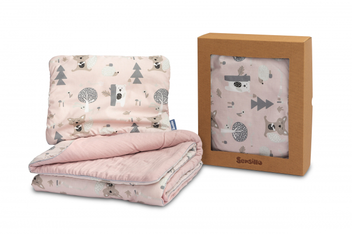 Set paturica + perna, muselina & bumbac (roz cu animale) [1]