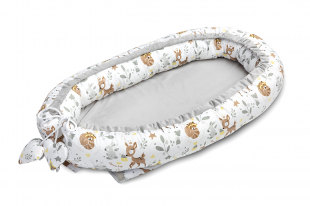 Odihnă - Baby nest, bumbac & catifea, gri/alb (Forest Adventure)