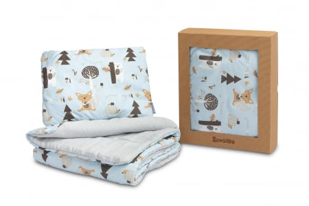 Păturici - Set paturica + perna, muselina & bumbac (bleu cu animale)