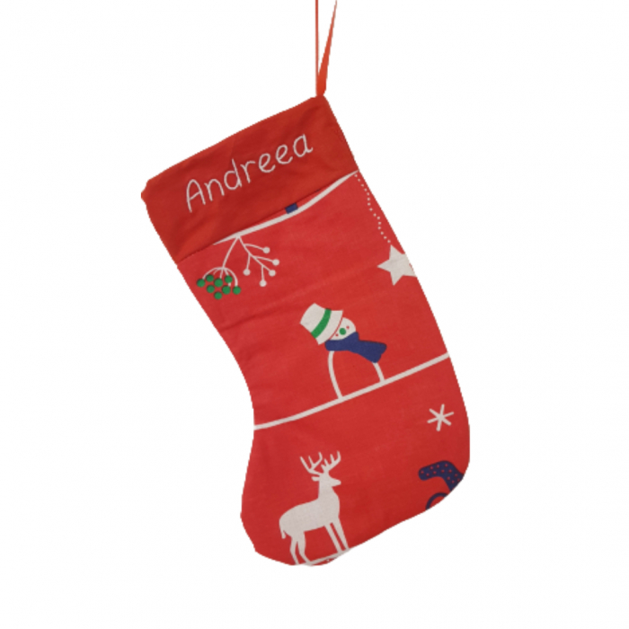 Cizmulita de Craciun,personalizata - reni, clopotei si oameni de zapada pe fond rosu [2]