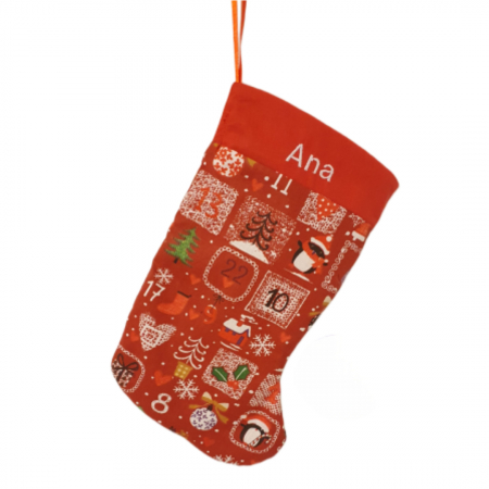 Cizmulite Craciun - Cizmulita de Craciun, personalizata - calendar Advent pe fond rosu