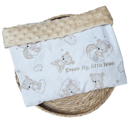 Paturici bumbac si Minky - Paturica bebe personalizata, cu ursuleti si norisori