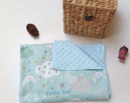 Paturici bumbac si Minky - Paturica personalizata cu luna, stele si norisori