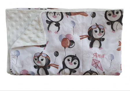 Paturici bumbac si Minky - Paturica personalizata cu pinguini