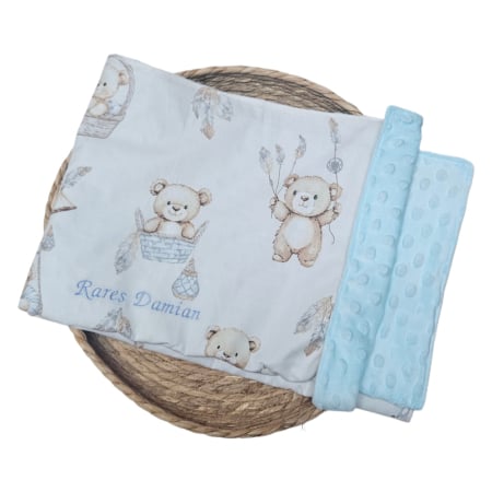 Paturici bumbac si Minky - Paturica bebe personalizata cu ursuleti