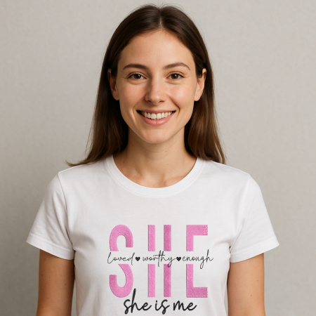 Tricou damă alb cu mesaj motivațional – "She is me" [1]