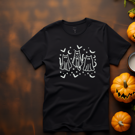 Colectia Halloween- Boo-tiful & Brodat - Tricou dama negru brodat – Pisici Fantome