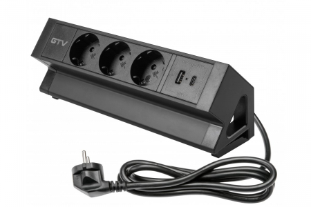 PRIZE INCORPORABILE - Priza de mobila BASCO, 3X prize schuko, USB A+C, cablu 1,5m, neagra, cu fixare