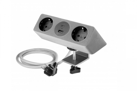 PRIZE INCORPORABILE - Priza de mobila SOFITO, 2x prize schuko, USB A+C, cablu 1,5m, gri flocat, cu fixare