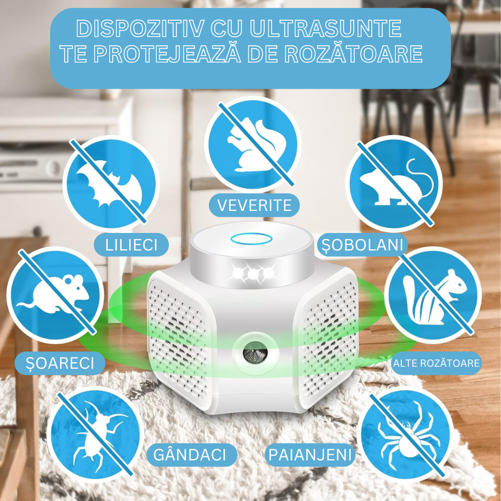Aparat impotriva rozatoarelor, Milmatt, Anti soareci, Anti sobolani, Tehnologie duala cu ultrasunete, Actiune 360⁰ si acoperire 120m2, 4 niveluri de intensitate, Sigur pentru om si animale de companie [2]