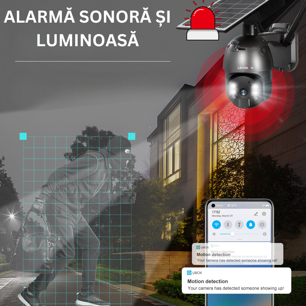 Camera de supraveghere Milmatt, 4G, HD, 3MP, Incarcare cu panou Solar, Rotire Din Aplicatie, PIR, alarma, comunicare bidirectionala, Rezistenta La Apa IP 66 [9]