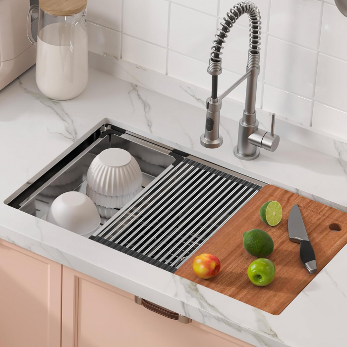 Chiuveta Inox Bucatarie, Milmatt, Premium Workstation cu Accesorii, Tocator Lemn Sapele, Gratar Inox, Cos scurgere, Grilaj Protectie Chiuveta, Silentioasa, Montaj Sub Blat, dimensiune 70x46x23 cm [2]