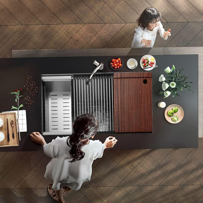 Chiuveta Inox Bucatarie, Milmatt, Premium Workstation cu Accesorii, Tocator Lemn Sapele, Gratar Inox, Cos scurgere, Grilaj Protectie Chiuveta, Silentioasa, Montaj Sub Blat, dimensiune 70x46x23 cm [9]