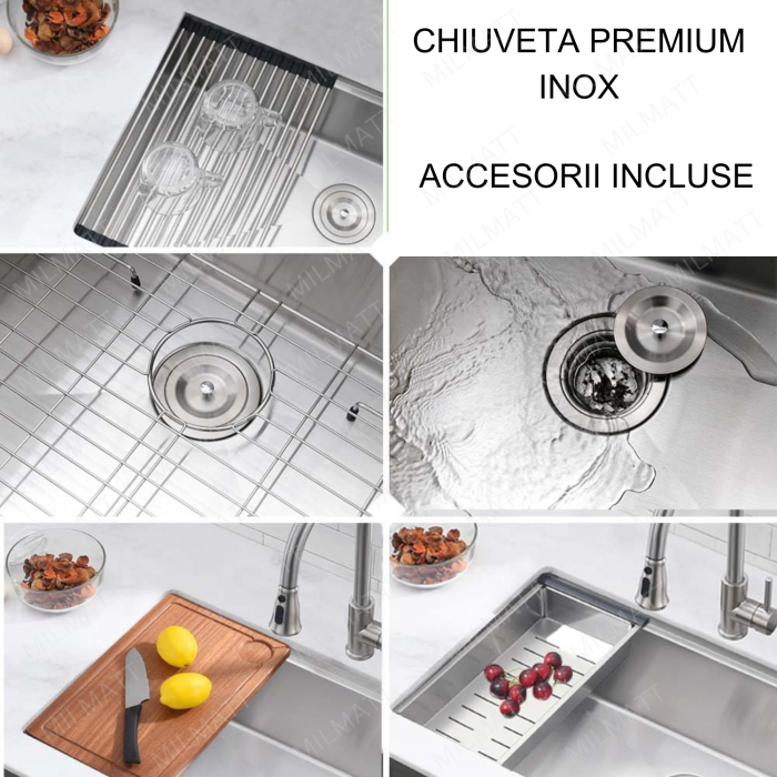 Chiuveta Inox Bucatarie, Milmatt, Premium Workstation cu Accesorii, Tocator Lemn Sapele, Gratar Inox, Cos scurgere, Grilaj Protectie Chiuveta, Silentioasa, Montaj Sub Blat, dimensiune 70x46x23 cm [3]