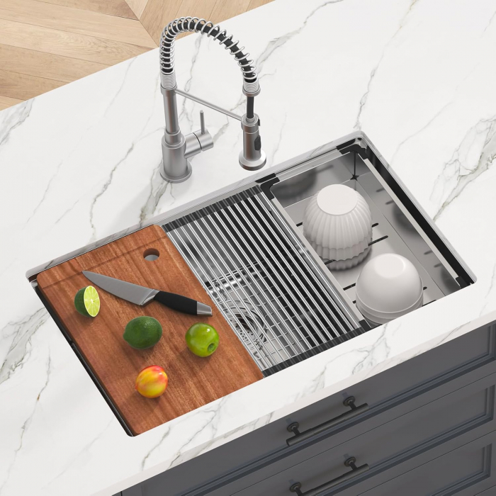 Chiuveta Inox Bucatarie, Milmatt, Premium Workstation cu Accesorii, Tocator Lemn Sapele, Gratar Inox, Cos scurgere, Grilaj Protectie Chiuveta, Silentioasa, Montaj Sub Blat, dimensiune 70x46x23 cm [10]