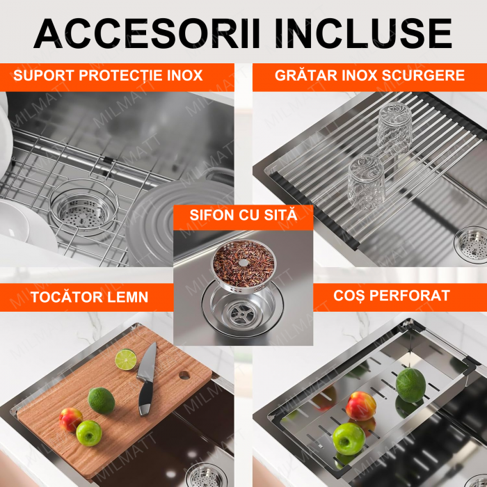 Chiuveta Inox Bucatarie, Milmatt, Premium Workstation cu Accesorii, Tocator Lemn Sapele, Gratar Inox, Cos scurgere, Grilaj Protectie Chiuveta, Silentioasa, Montaj pe Blat, dimensiune 70x46x23 cm [3]