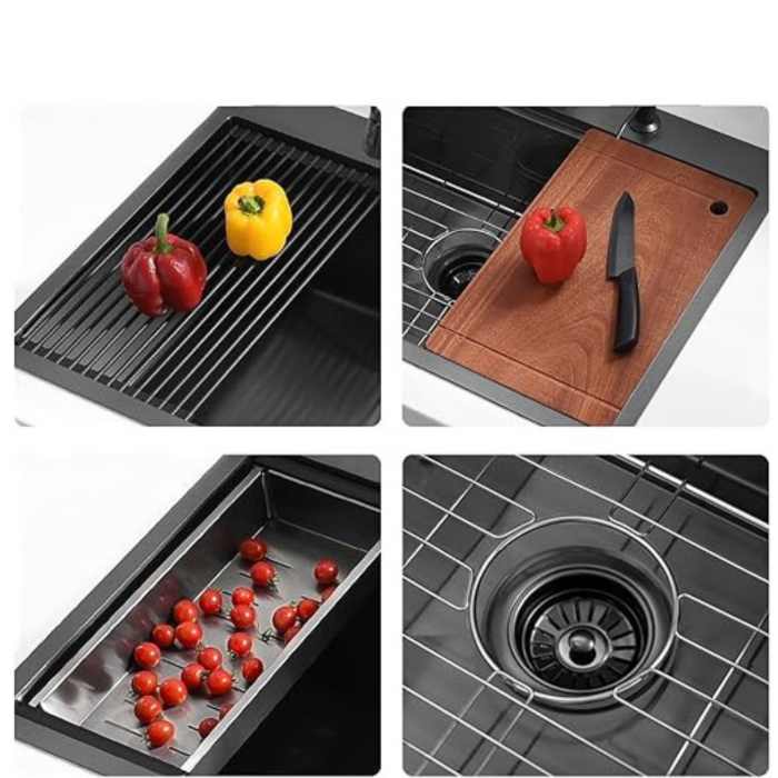 Chiuveta Inox Bucatarie, Milmatt, Premium Workstation cu Accesorii, Tocator Lemn Sapele, Gratar Inox, Cos scurgere, Grilaj Protectie Chiuveta, Silentioasa, Montaj pe Blat, Negru Metalizat, dimensiune [8]