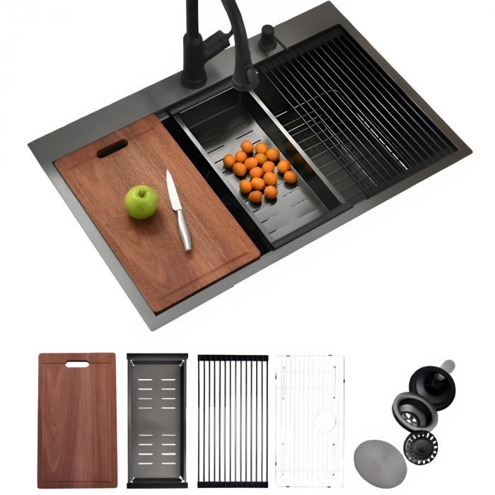 Chiuveta Inox Bucatarie, Milmatt, Premium Workstation cu Accesorii, Tocator Lemn Sapele, Gratar Inox, Cos scurgere, Grilaj Protectie Chiuveta, Silentioasa, Montaj pe Blat, Negru Metalizat, dimensiune [2]