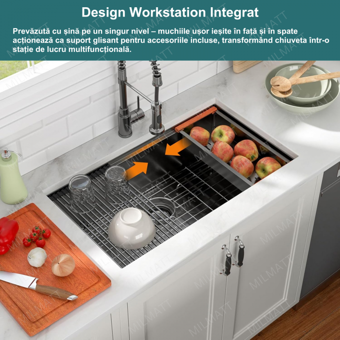 Chiuveta Inox Bucatarie, Milmatt, Premium Workstation cu Accesorii, Tocator Lemn Sapele, Gratar Inox, Cos scurgere, Grilaj Protectie Chiuveta, Silentioasa, Montaj Sub Blat, Negru Metalizat, dimensiune [3]