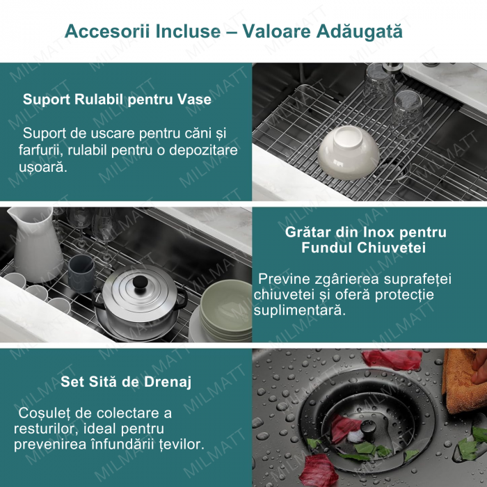 Chiuveta Inox Bucatarie, Milmatt, Premium Workstation cu Accesorii, Tocator Lemn Sapele, Gratar Inox, Cos scurgere, Grilaj Protectie Chiuveta, Silentioasa, Montaj Sub Blat, Negru Metalizat, dimensiune [4]