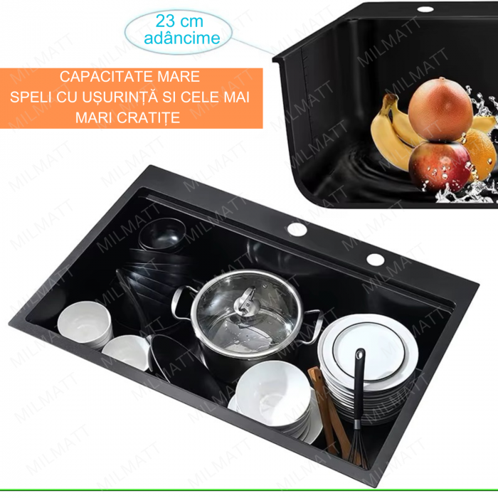 Chiuveta Inox Bucatarie, Milmatt, Premium Workstation cu Accesorii, Tocator Lemn Sapele, Gratar Inox, Cos scurgere, Grilaj Protectie Chiuveta, Silentioasa, Montaj pe Blat, Negru Metalizat, dimensiune [6]