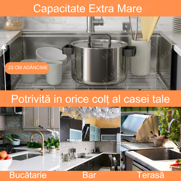 Chiuveta Inox Bucatarie, Milmatt, Premium Workstation cu Accesorii, Tocator Lemn Sapele, Gratar Inox, Cos scurgere, Grilaj Protectie Chiuveta, Silentioasa, Montaj Sub Blat, dimensiune 70x46x23 cm [5]