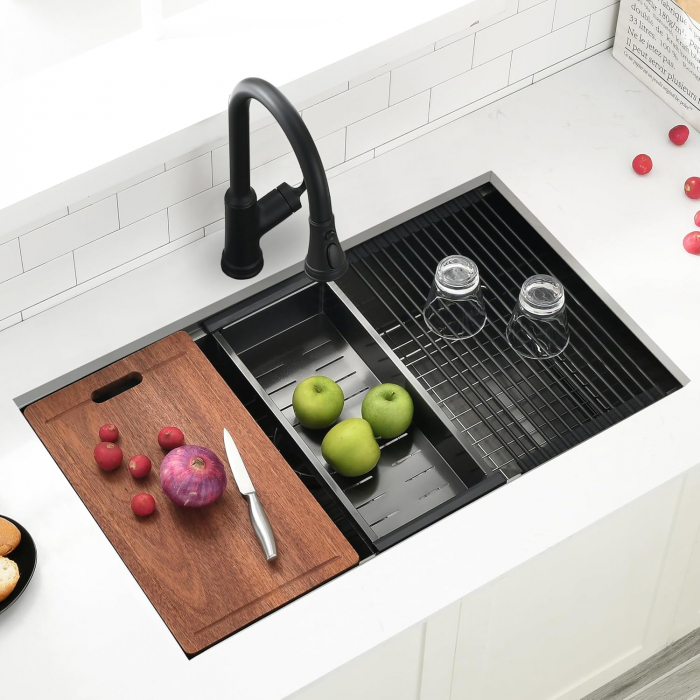 Chiuveta Inox Bucatarie, Milmatt, Premium Workstation cu Accesorii, Tocator Lemn Sapele, Gratar Inox, Cos scurgere, Grilaj Protectie Chiuveta, Silentioasa, Montaj Sub Blat, Negru Metalizat, dimensiune [10]