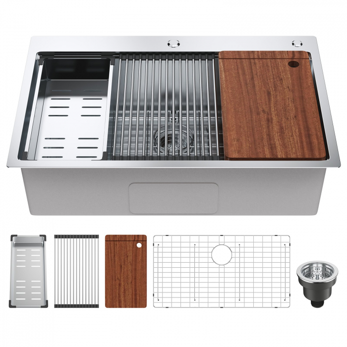 Chiuveta Inox Bucatarie, Milmatt, Premium Workstation cu Accesorii, Tocator Lemn Sapele, Gratar Inox, Cos scurgere, Grilaj Protectie Chiuveta, Silentioasa, Montaj pe Blat, dimensiune 70x46x23 cm [1]