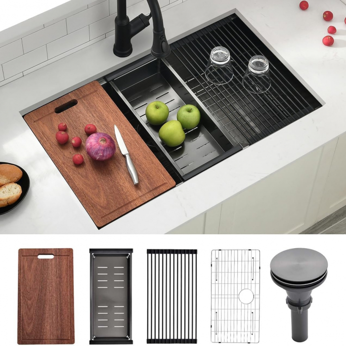 Chiuveta Inox Bucatarie, Milmatt, Premium Workstation cu Accesorii, Tocator Lemn Sapele, Gratar Inox, Cos scurgere, Grilaj Protectie Chiuveta, Silentioasa, Montaj Sub Blat, Negru Metalizat, dimensiune [1]