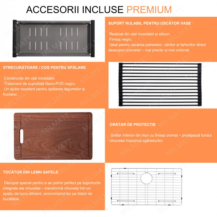 Chiuveta Inox Bucatarie, Milmatt, Premium Workstation cu Accesorii, Tocator Lemn Sapele, Gratar Inox, Cos scurgere, Grilaj Protectie Chiuveta, Silentioasa, Montaj pe Blat, Negru Metalizat, dimensiune [3]