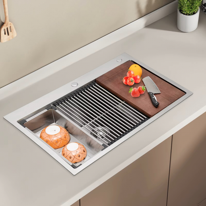 Chiuveta Inox Bucatarie, Milmatt, Premium Workstation cu Accesorii, Tocator Lemn Sapele, Gratar Inox, Cos scurgere, Grilaj Protectie Chiuveta, Silentioasa, Montaj pe Blat, dimensiune 70x46x23 cm [9]