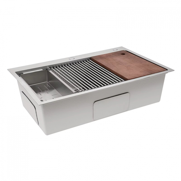 Chiuveta Inox Bucatarie, Milmatt, Premium Workstation cu Accesorii, Tocator Lemn Sapele, Gratar Inox, Cos scurgere, Grilaj Protectie Chiuveta, Silentioasa, Montaj pe Blat, dimensiune 70x46x23 cm [11]