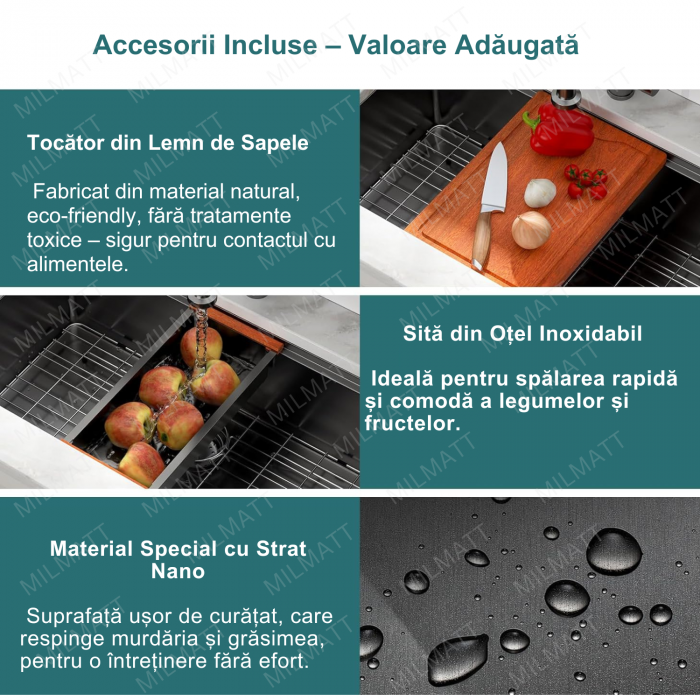 Chiuveta Inox Bucatarie, Milmatt, Premium Workstation cu Accesorii, Tocator Lemn Sapele, Gratar Inox, Cos scurgere, Grilaj Protectie Chiuveta, Silentioasa, Montaj Sub Blat, Negru Metalizat, dimensiune [5]