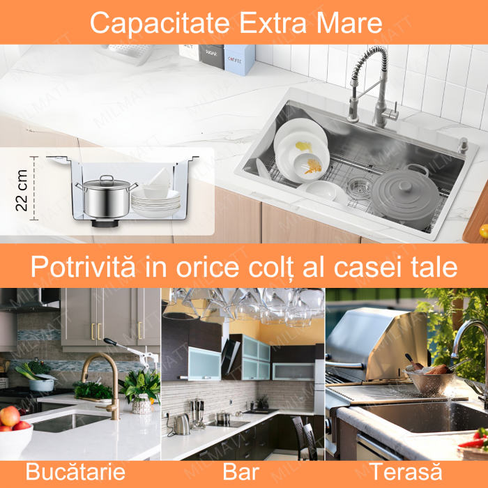Chiuveta Inox Bucatarie, Milmatt, Premium Workstation cu Accesorii, Tocator Lemn Sapele, Gratar Inox, Cos scurgere, Grilaj Protectie Chiuveta, Silentioasa, Montaj pe Blat, dimensiune 70x46x23 cm [4]