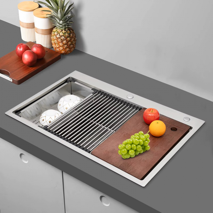 Chiuveta Inox Bucatarie, Milmatt, Premium Workstation cu Accesorii, Tocator Lemn Sapele, Gratar Inox, Cos scurgere, Grilaj Protectie Chiuveta, Silentioasa, Montaj pe Blat, dimensiune 70x46x23 cm [10]