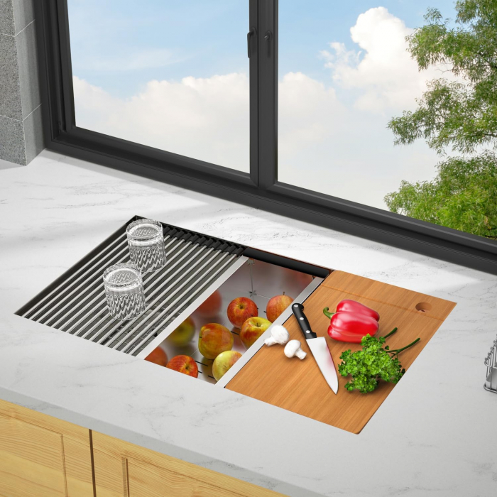 Chiuveta Inox Bucatarie, Milmatt, Premium Workstation cu Accesorii, Tocator Lemn Sapele, Gratar Inox, Cos scurgere, Grilaj Protectie Chiuveta, Silentioasa, Montaj Sub Blat, dimensiune 70x46x23 cm [8]
