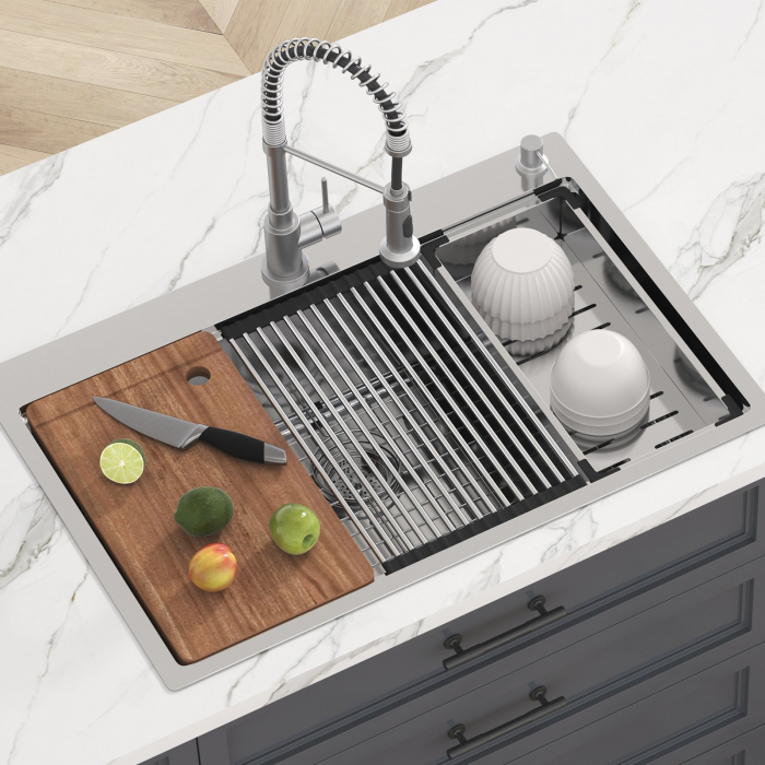 Chiuveta Inox Bucatarie, Milmatt, Premium Workstation cu Accesorii, Tocator Lemn Sapele, Gratar Inox, Cos scurgere, Grilaj Protectie Chiuveta, Silentioasa, Montaj pe Blat, dimensiune 70x46x23 cm [8]