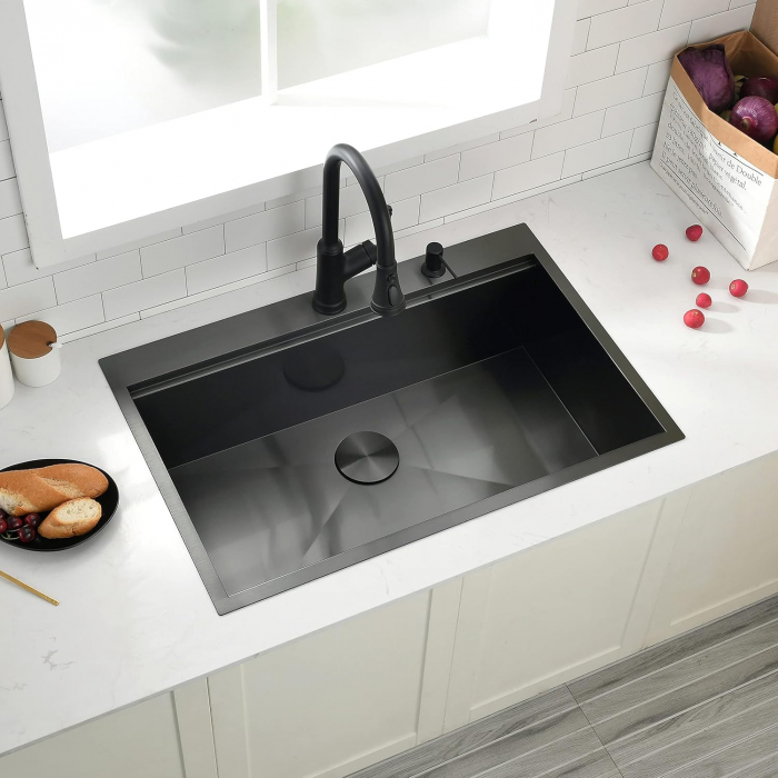 Chiuveta Inox Bucatarie, Milmatt, Premium Workstation cu Accesorii, Tocator Lemn Sapele, Gratar Inox, Cos scurgere, Grilaj Protectie Chiuveta, Silentioasa, Montaj pe Blat, Negru Metalizat, dimensiune [13]