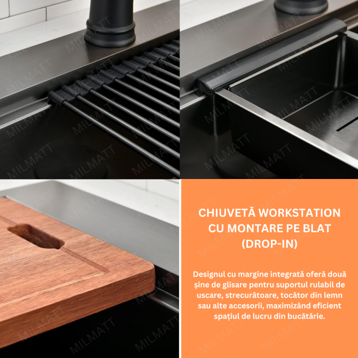 Chiuveta Inox Bucatarie, Milmatt, Premium Workstation cu Accesorii, Tocator Lemn Sapele, Gratar Inox, Cos scurgere, Grilaj Protectie Chiuveta, Silentioasa, Montaj pe Blat, Negru Metalizat, dimensiune [4]