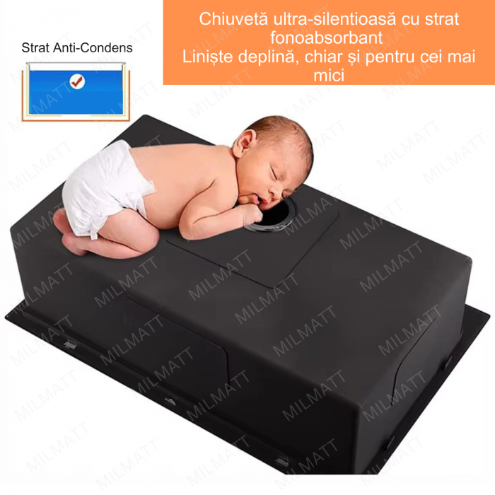 Chiuveta Inox Bucatarie, Milmatt, Premium Workstation cu Accesorii, Tocator Lemn Sapele, Gratar Inox, Cos scurgere, Grilaj Protectie Chiuveta, Silentioasa, Montaj pe Blat, Negru Metalizat, dimensiune [7]