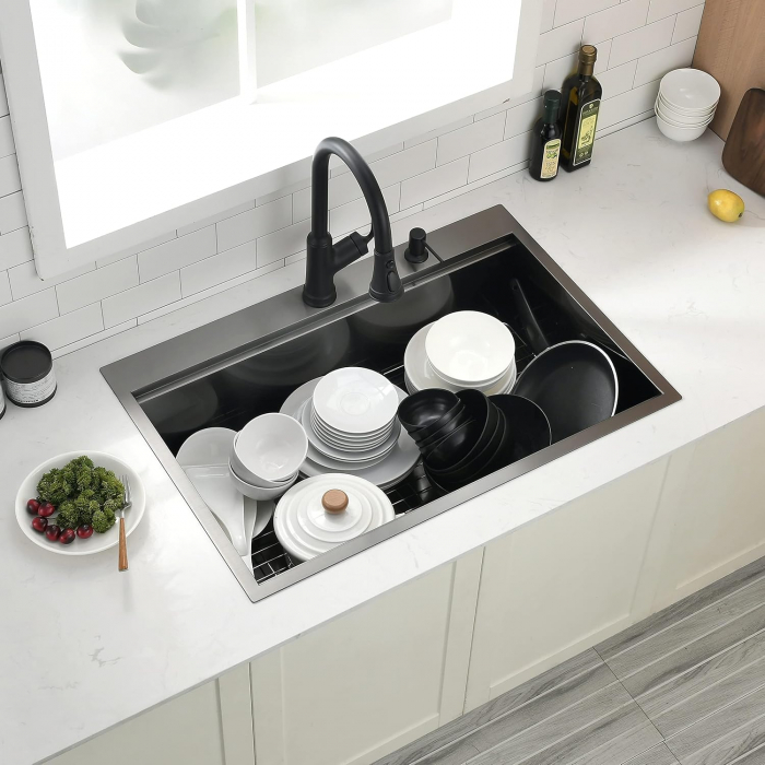 Chiuveta Inox Bucatarie, Milmatt, Premium Workstation cu Accesorii, Tocator Lemn Sapele, Gratar Inox, Cos scurgere, Grilaj Protectie Chiuveta, Silentioasa, Montaj pe Blat, Negru Metalizat, dimensiune [12]