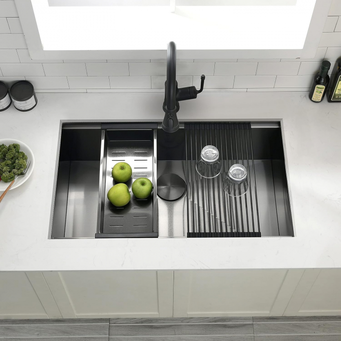 Chiuveta Inox Bucatarie, Milmatt, Premium Workstation cu Accesorii, Tocator Lemn Sapele, Gratar Inox, Cos scurgere, Grilaj Protectie Chiuveta, Silentioasa, Montaj Sub Blat, Negru Metalizat, dimensiune [9]