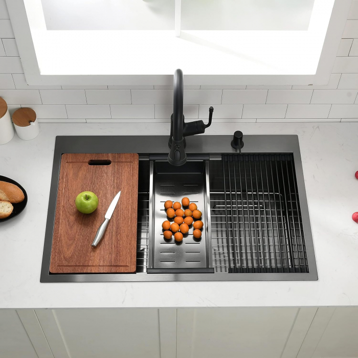 Chiuveta Inox Bucatarie, Milmatt, Premium Workstation cu Accesorii, Tocator Lemn Sapele, Gratar Inox, Cos scurgere, Grilaj Protectie Chiuveta, Silentioasa, Montaj pe Blat, Negru Metalizat, dimensiune [10]