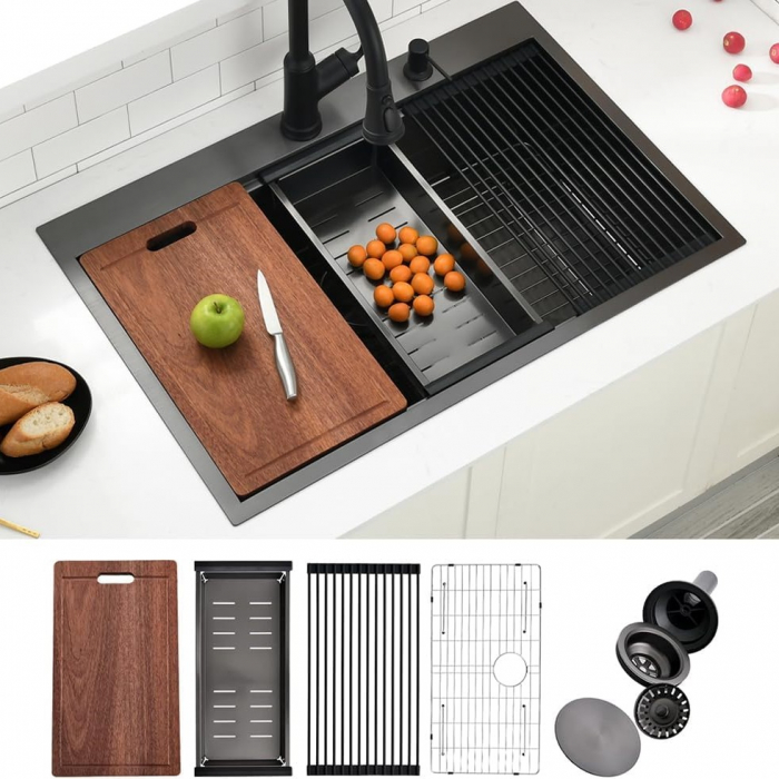 Chiuveta Inox Bucatarie, Milmatt, Premium Workstation cu Accesorii, Tocator Lemn Sapele, Gratar Inox, Cos scurgere, Grilaj Protectie Chiuveta, Silentioasa, Montaj pe Blat, Negru Metalizat, dimensiune [1]